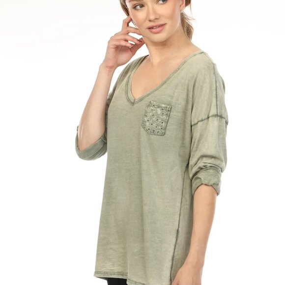 Olive V Neck 100% Cotton Top - Picture 2 of 5